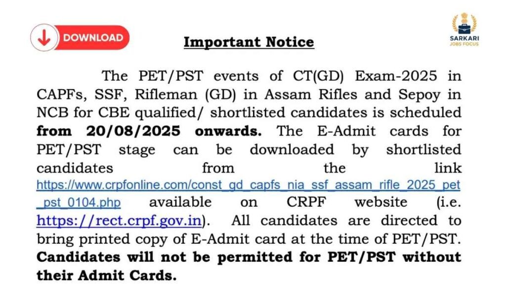 SSC GD Admit Card 2025 Out, Download PET/PST Call Letter